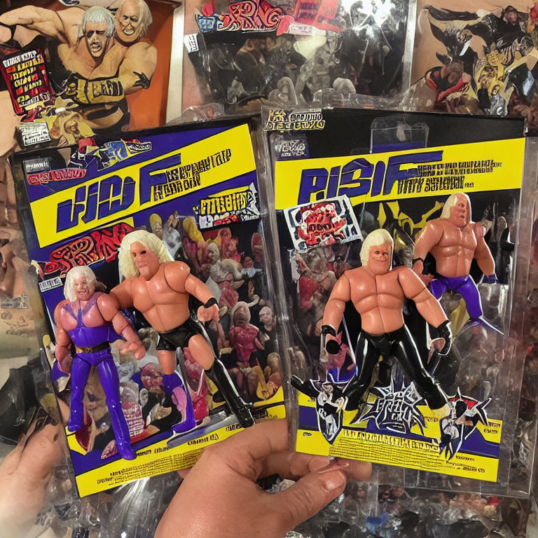 Vintage Professional Wrestlers Action Figures in Packaging with Wrestling Memorabilia Background