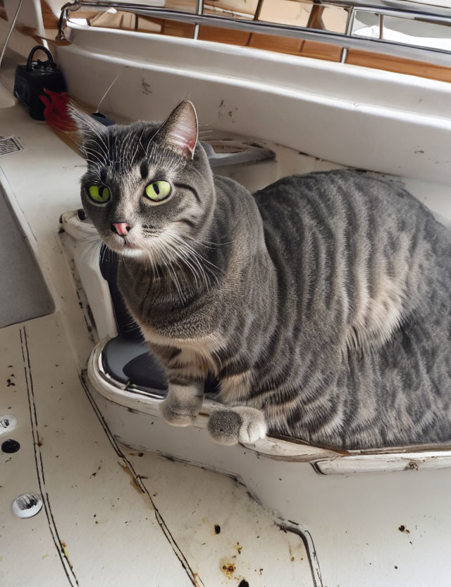 Gray Striped Cat with Green Eyes on White Windowsill