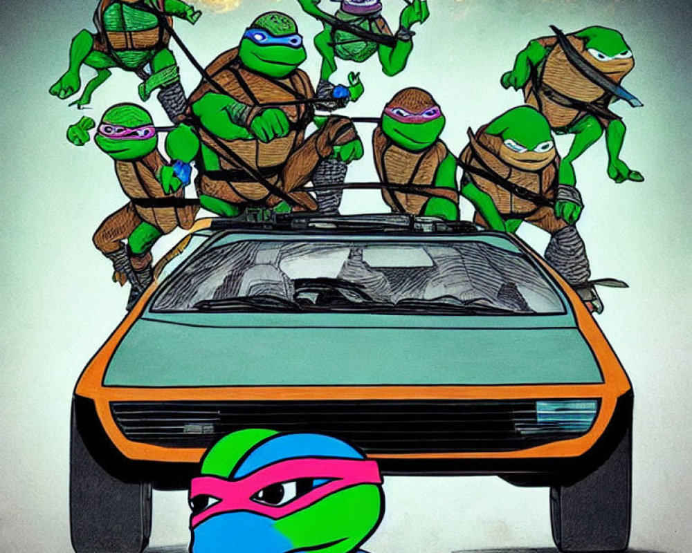 Teenage Mutant Ninja Turtles Illustration: Various Expressions on Sports Car with Explosion