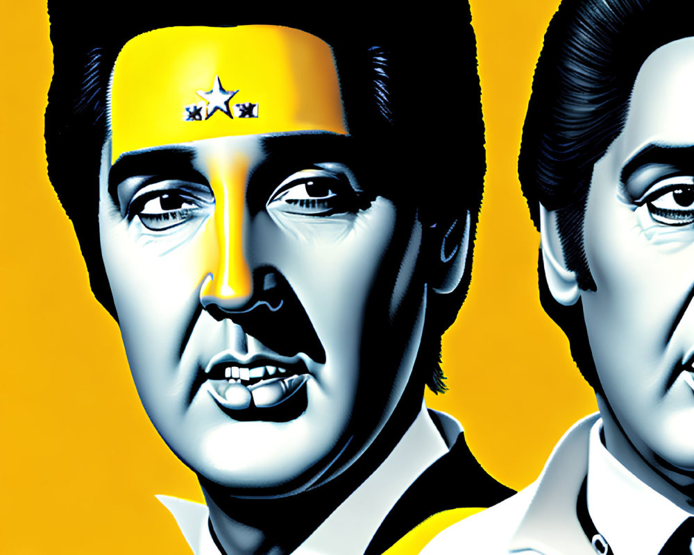 Stylized male faces in pop art style on yellow background