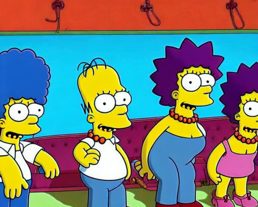 Three spiky-haired characters resembling "The Simpsons" family members in animated image