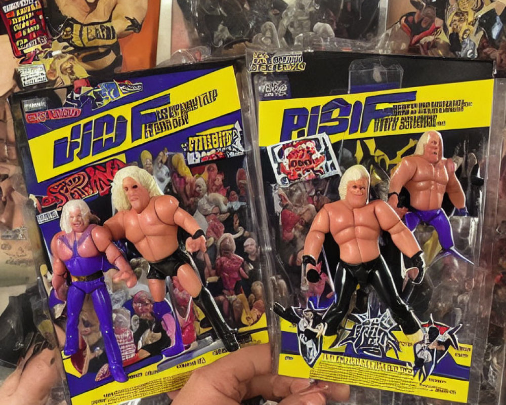 Vintage Professional Wrestlers Action Figures in Packaging with Wrestling Memorabilia Background