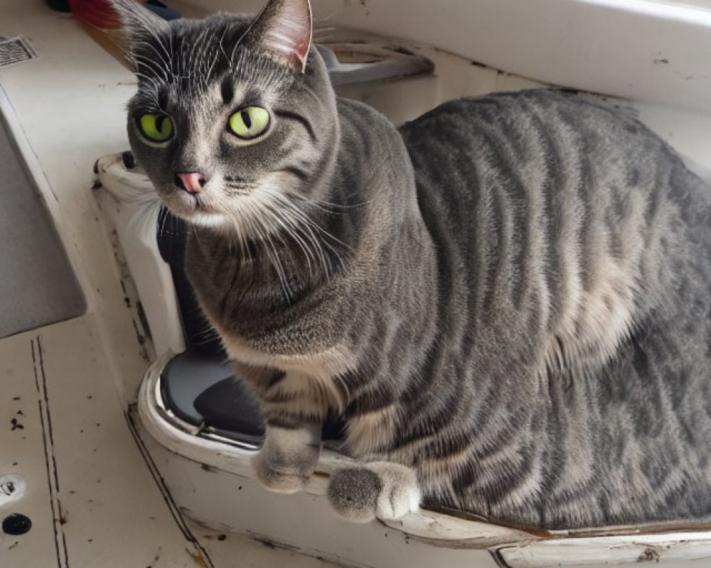 Gray Striped Cat with Green Eyes on White Windowsill