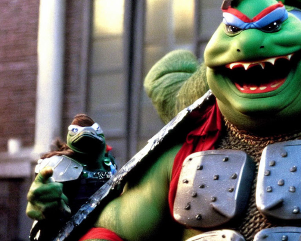 Close-up of Teenage Mutant Ninja Turtle in red bandana with weapon, another turtle in background