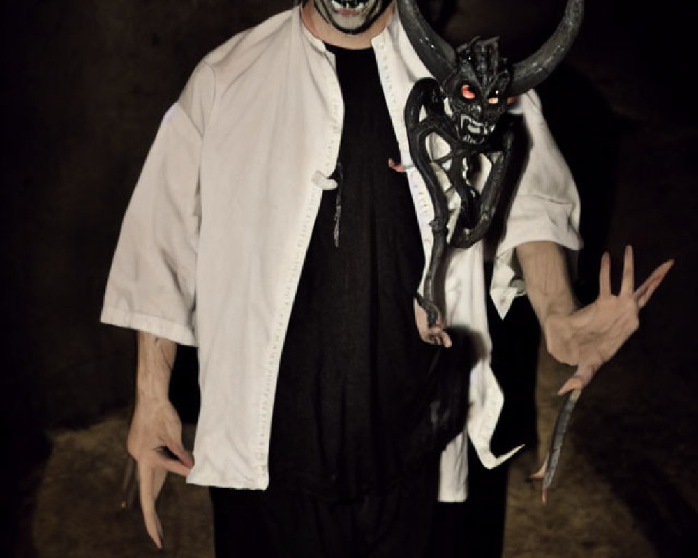 Traditional Japanese Outfit with Oni Mask and Demon Figurine in Dimly Lit Setting