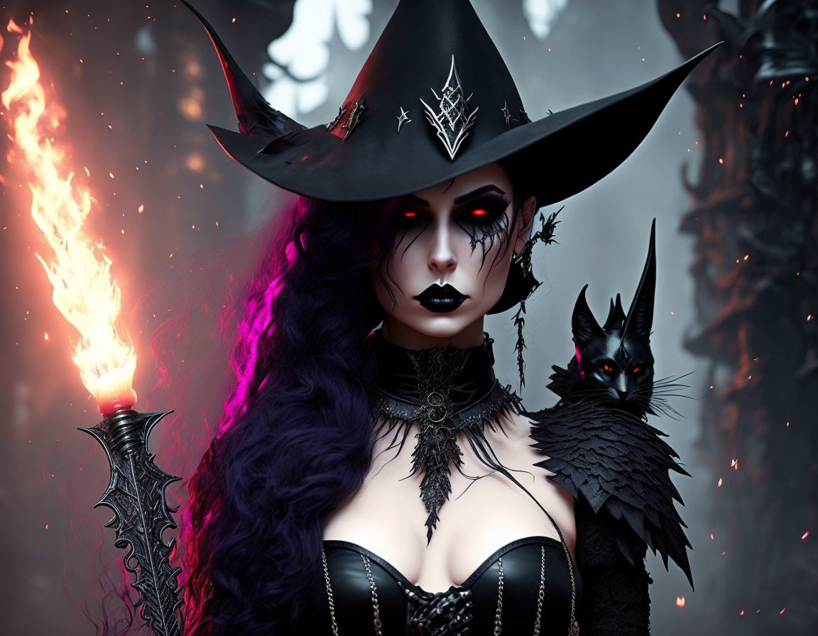 Gothic witch with purple hair and flaming staff in mystical foggy scene