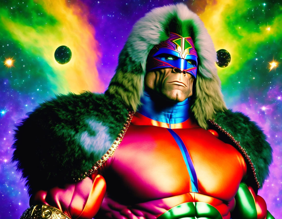 Colorful superhero with fur cape in cosmic setting