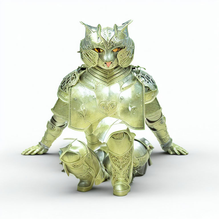 Cat in ornate silver armor with cat-shaped helmet on white background