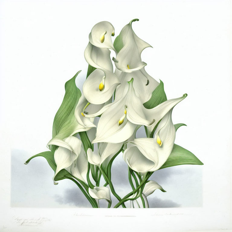 White Calla Lilies Cluster with Yellow Pistils on White Background