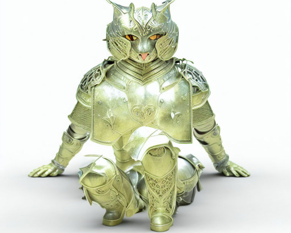 Cat in ornate silver armor with cat-shaped helmet on white background