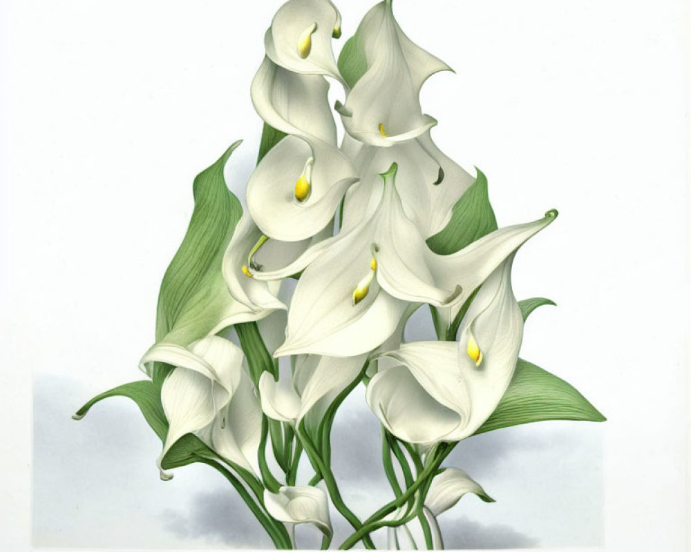 White Calla Lilies Cluster with Yellow Pistils on White Background