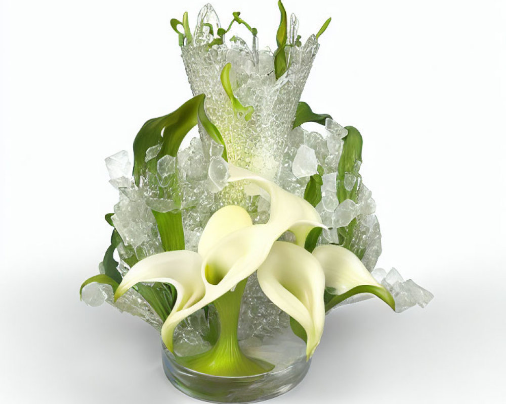 Glass Vase with Ice-like Pieces, Green Leaves, and White Calla Lily