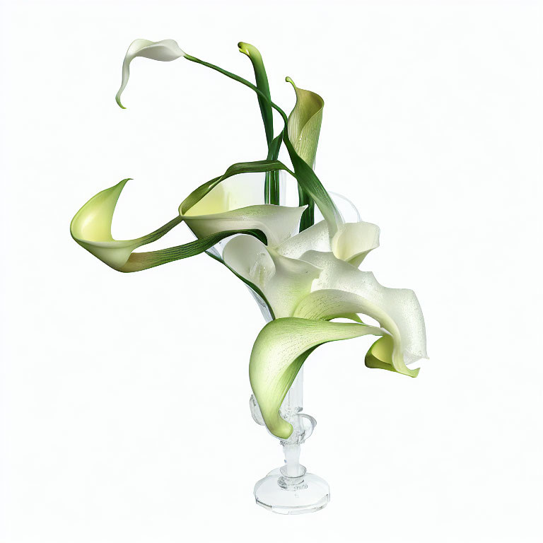 White Calla Lilies in Glass Vase on White Background