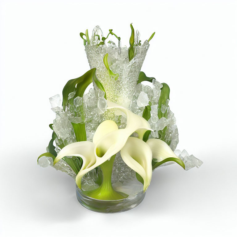 Glass Vase with Ice-like Pieces, Green Leaves, and White Calla Lily