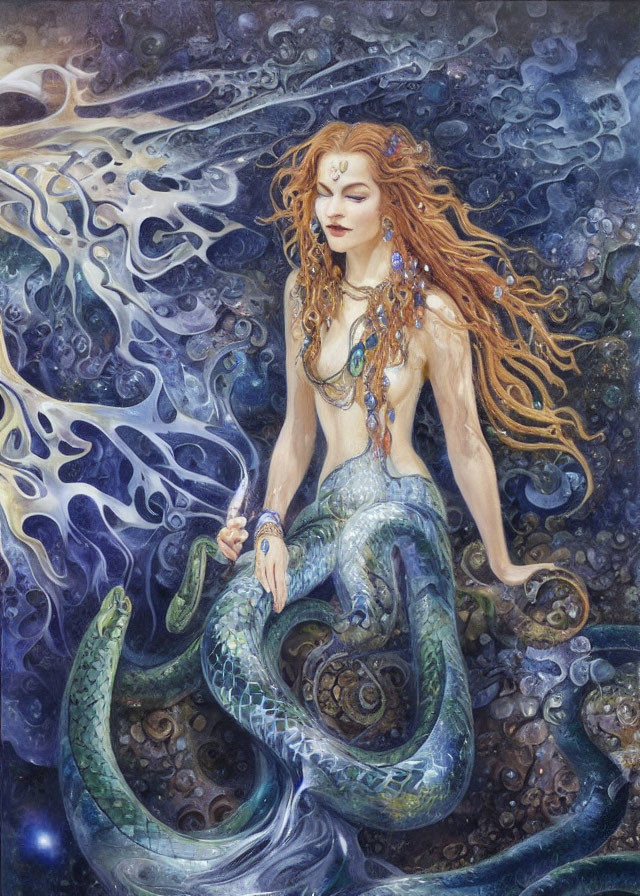 Mermaid with Red Hair and Serpent in Underwater Scene