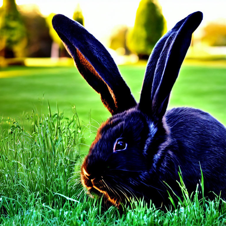 Black Rabbit Sitting in Vibrant Green Grass on Sunlit Field