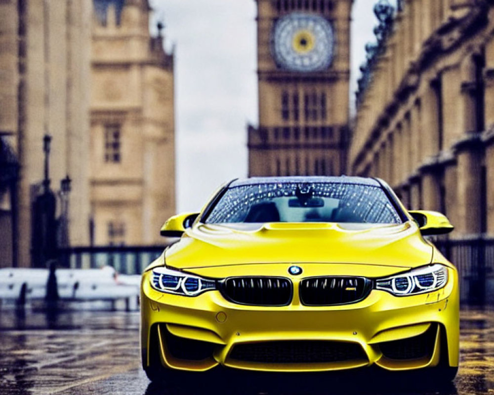 Vibrant yellow sports car by Big Ben and historic building in misty backdrop