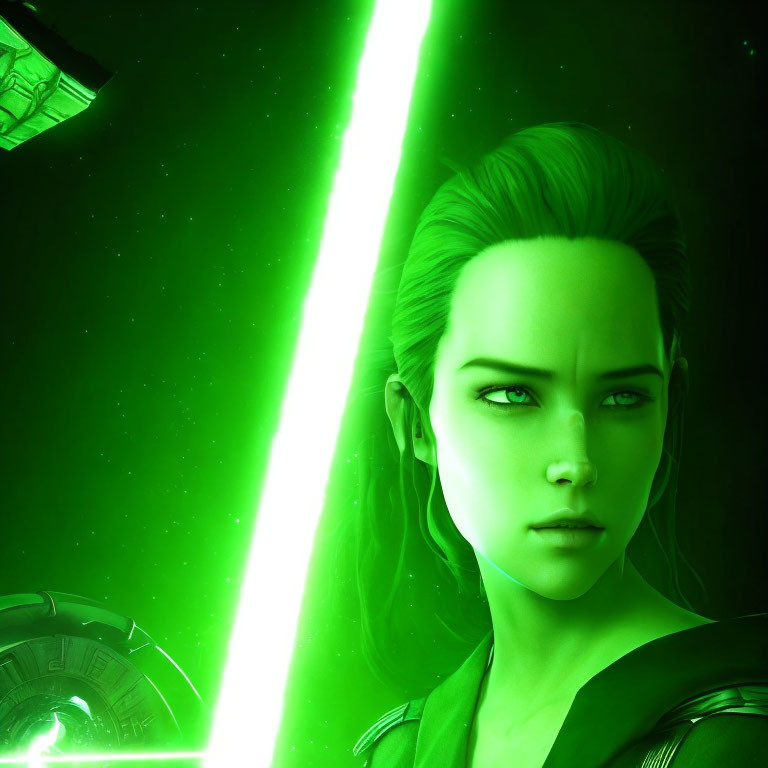 Female character with green-tinted skin holding a glowing lightsaber in digital art