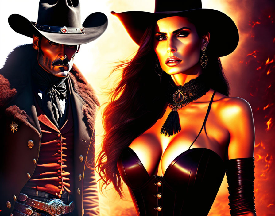 Stylized digital artwork: Man and woman in western attire with fiery background