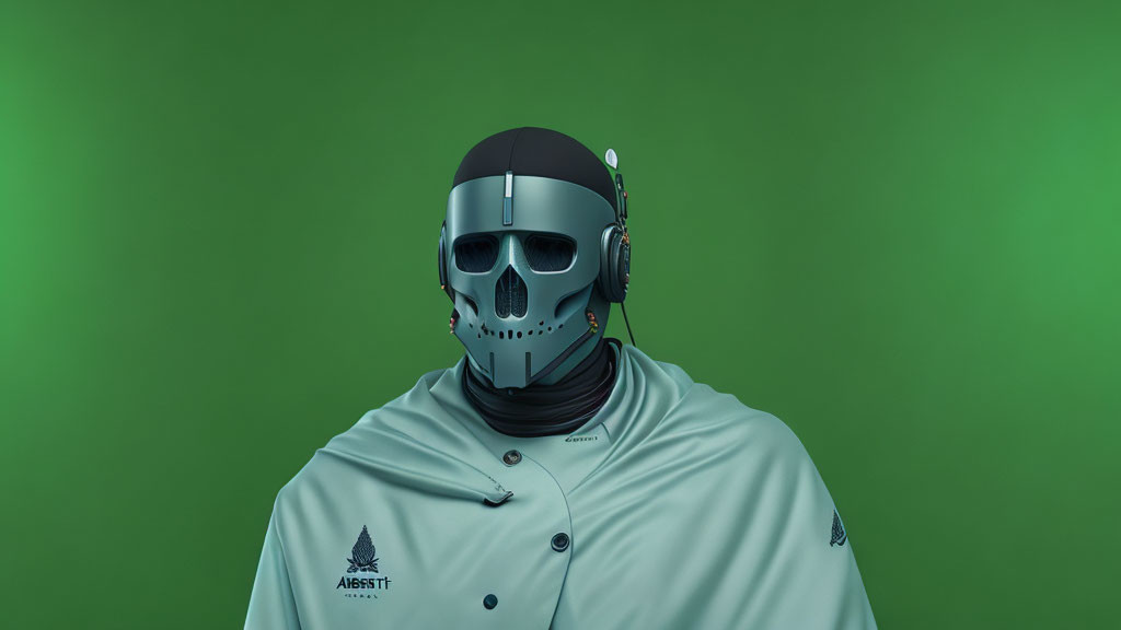 Person in robotic mask with green jacket on green background