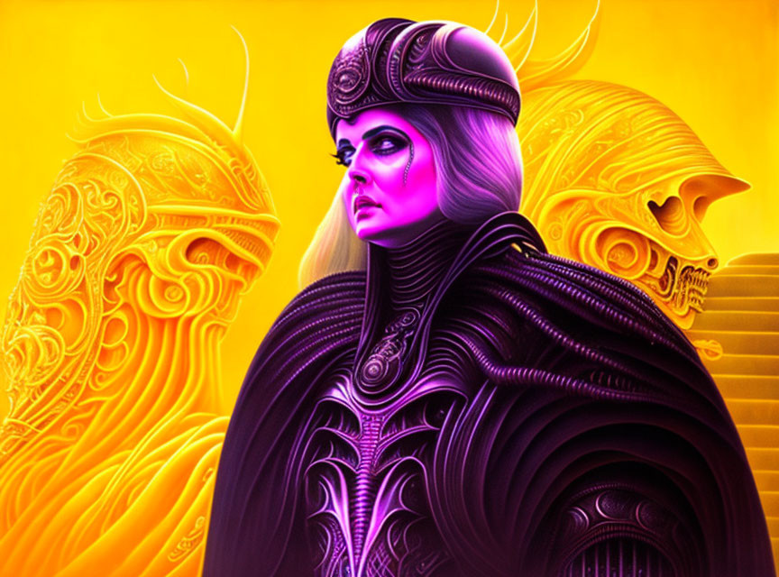 Digital Artwork: Majestic Woman with Elaborate Headgear and Cloak on Vivid Yellow