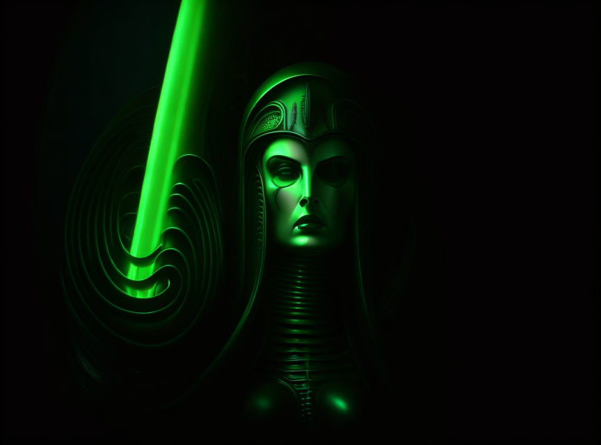 Green-lit female bust with elaborate headdress and neon swirl pattern on dark background