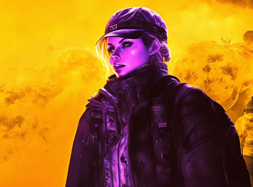 Female Military Character Illustration on Vibrant Yellow Background