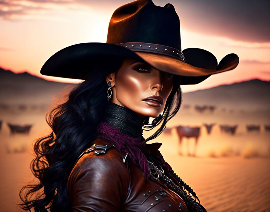 Cowboy hat woman in dramatic makeup and leather outfit in desert with cattle at dusk
