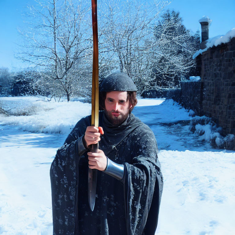 Medieval warrior with sword and helmet in snowy landscape.