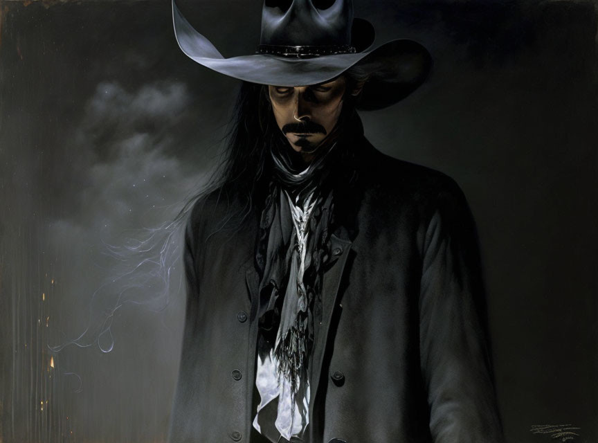 Mysterious man in wide-brimmed hat and trench coat with western vibe.