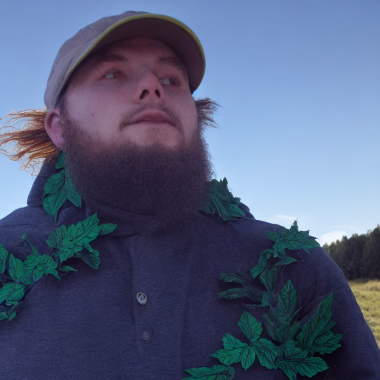 Bearded man with green leaves in front of clear blue sky and treeline