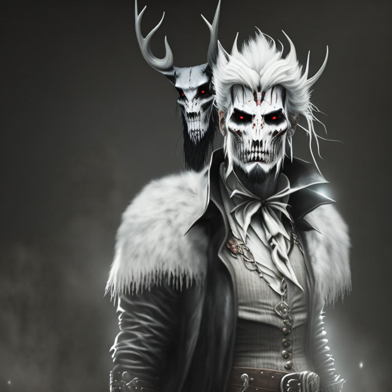 Dark digital artwork of skull-faced figure with red eyes, horns, and fur collar