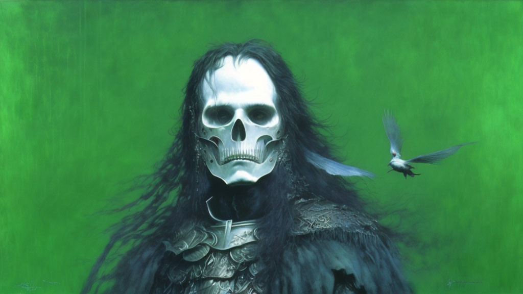 Skeletal masked figure in black attire with bird on green backdrop