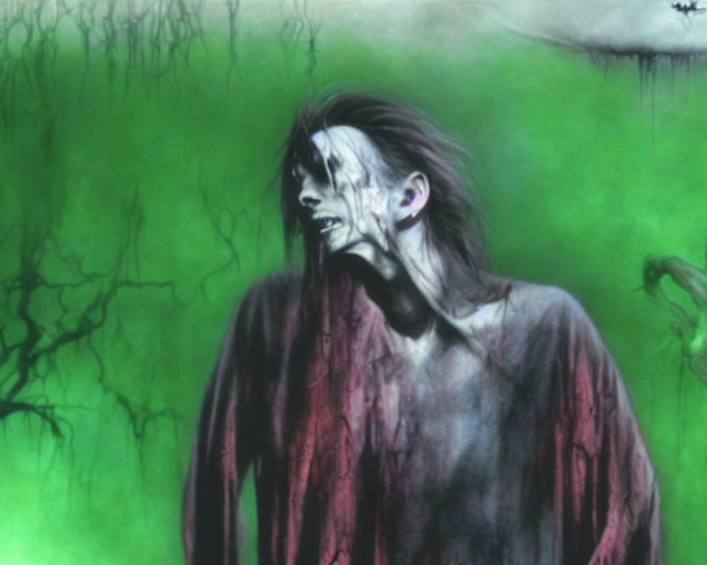 Eerie digital painting of zombified figure in misty green landscape