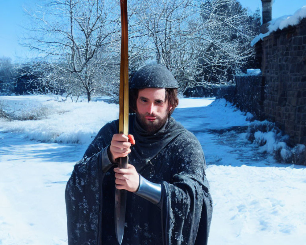 Medieval warrior with sword and helmet in snowy landscape.