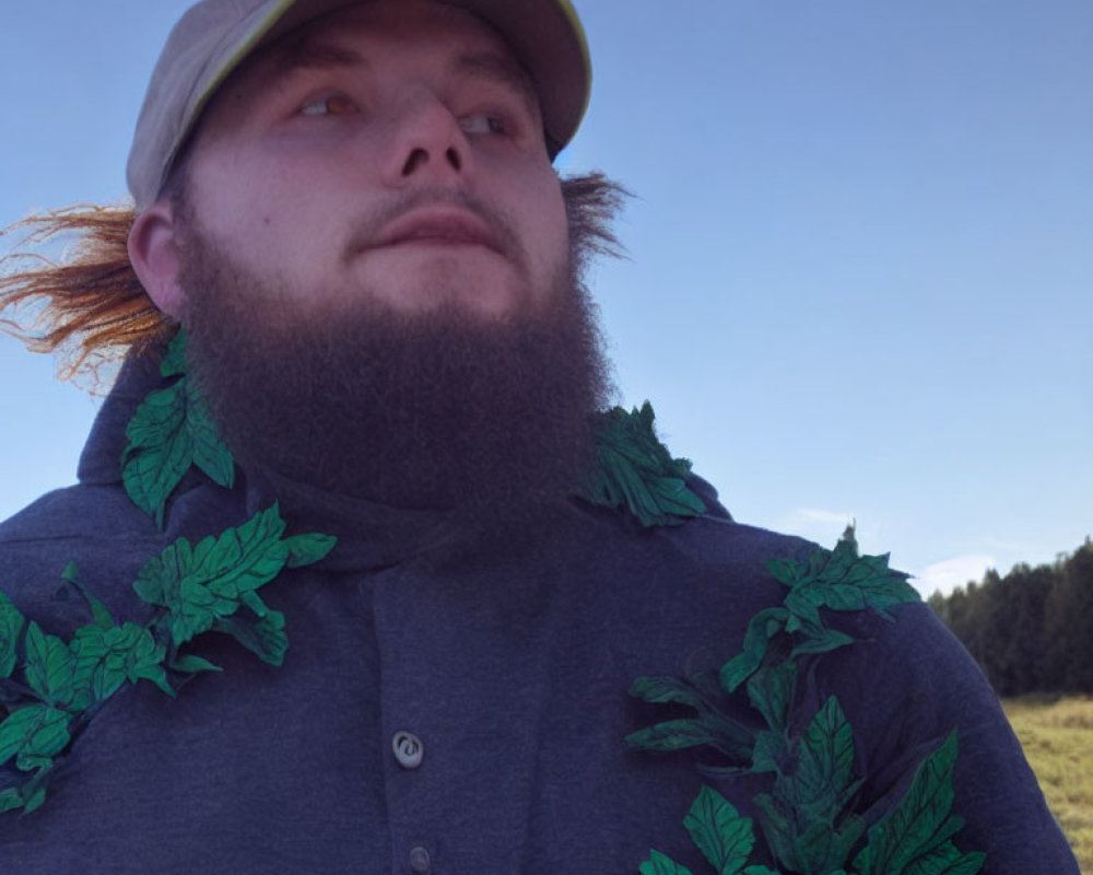 Bearded man with green leaves in front of clear blue sky and treeline