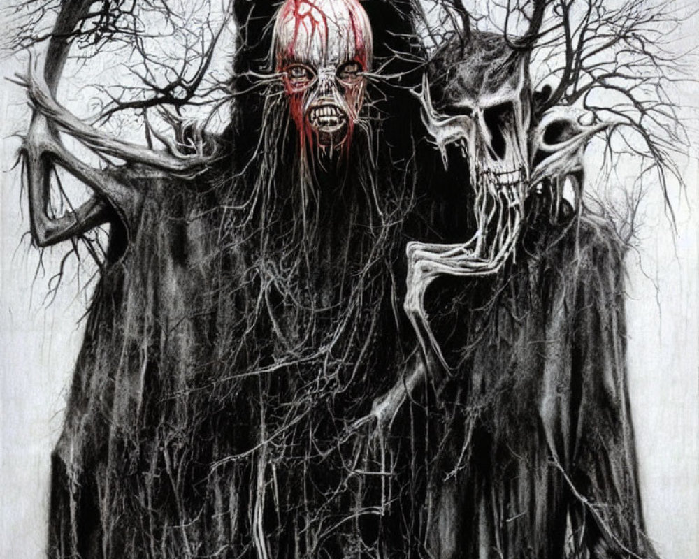 Sinister skeletal figure in tattered robes with red eyes among dark trees