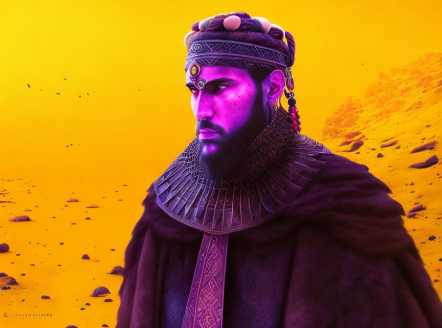 Regal bearded man in headband and cloak on yellow-orange backdrop