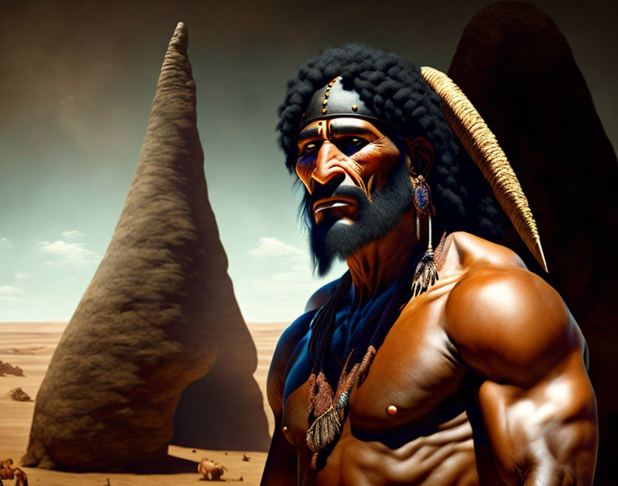 Muscular man in traditional attire in desert landscape