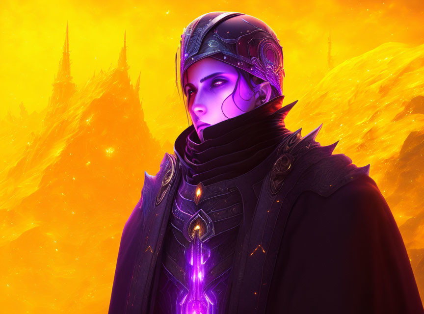 Futuristic armor figure with purple gem on orange background