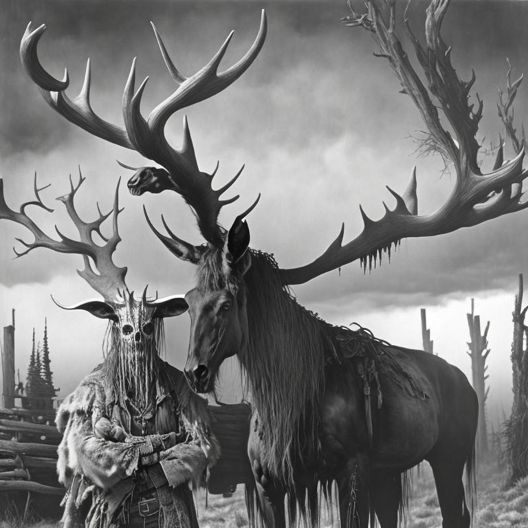 Surreal black and white photo of person and horse with antler-like extensions in desolate landscape