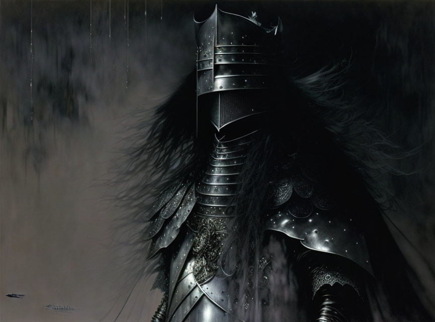 Dark-armored knight with intricate designs and feathered helmet in misty setting