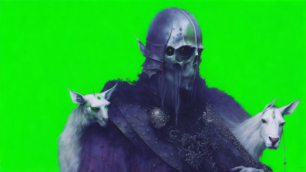 Fantasy armored figure with skull-like helmet and two-headed goat on green screen