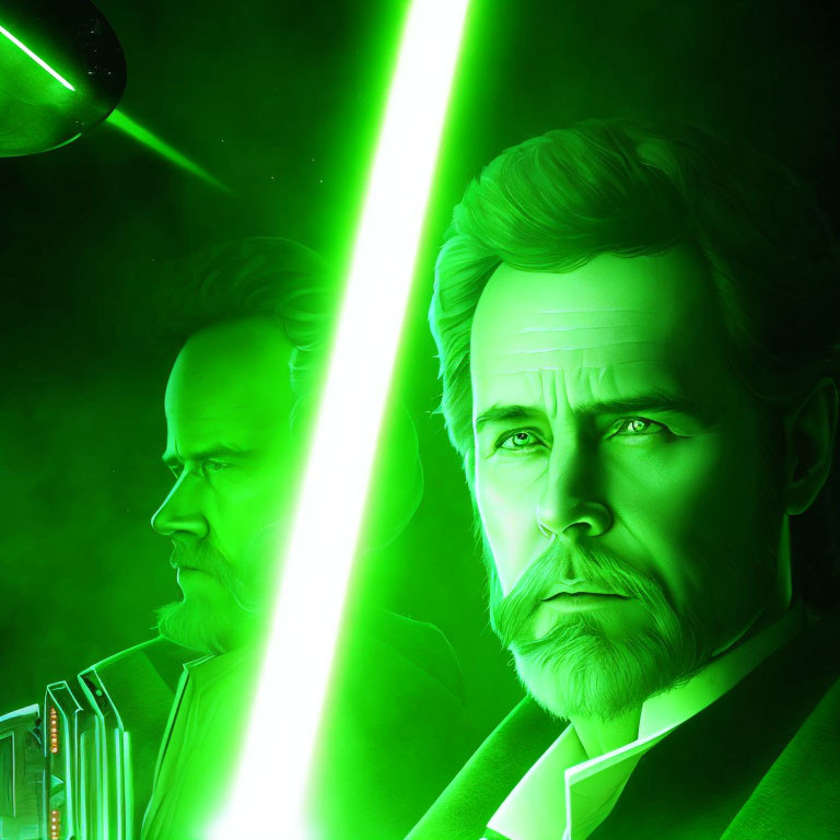 Two male characters with glowing green light and lightsaber on green background