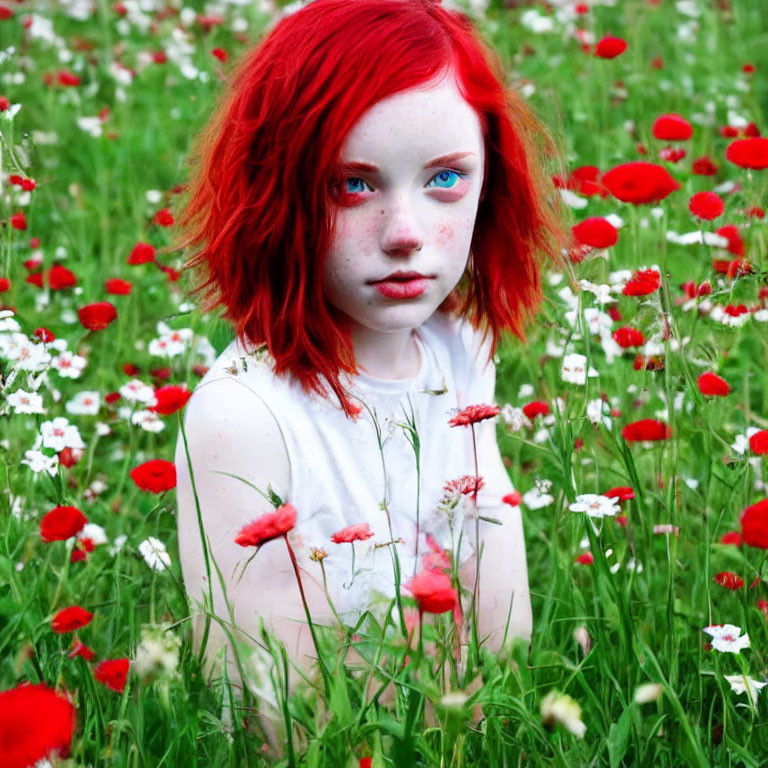 Red-haired girl in white dress surrounded by flowers gazes at camera