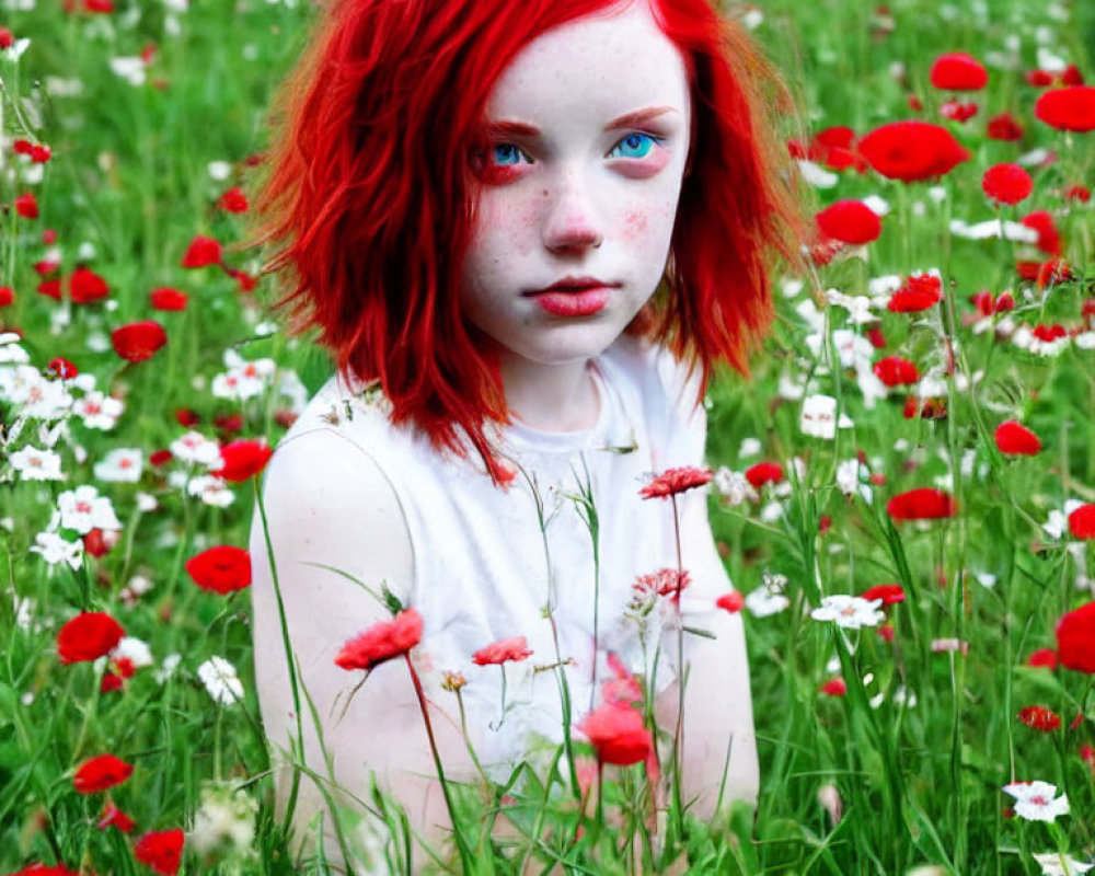 Red-haired girl in white dress surrounded by flowers gazes at camera