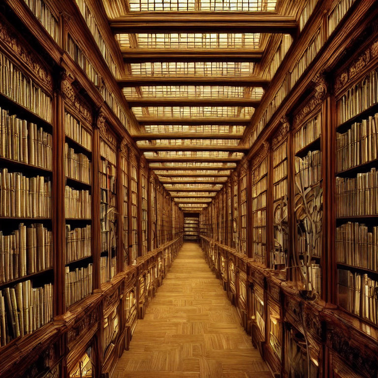 Spacious library with tall wooden shelves and warm lighting