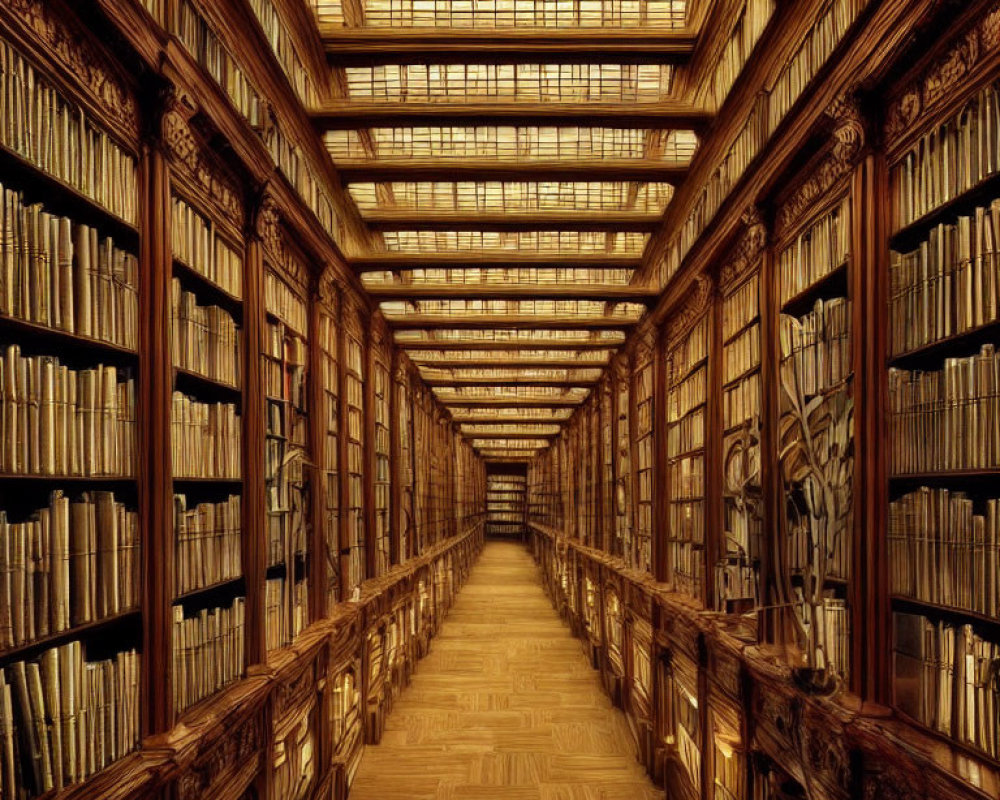 Spacious library with tall wooden shelves and warm lighting