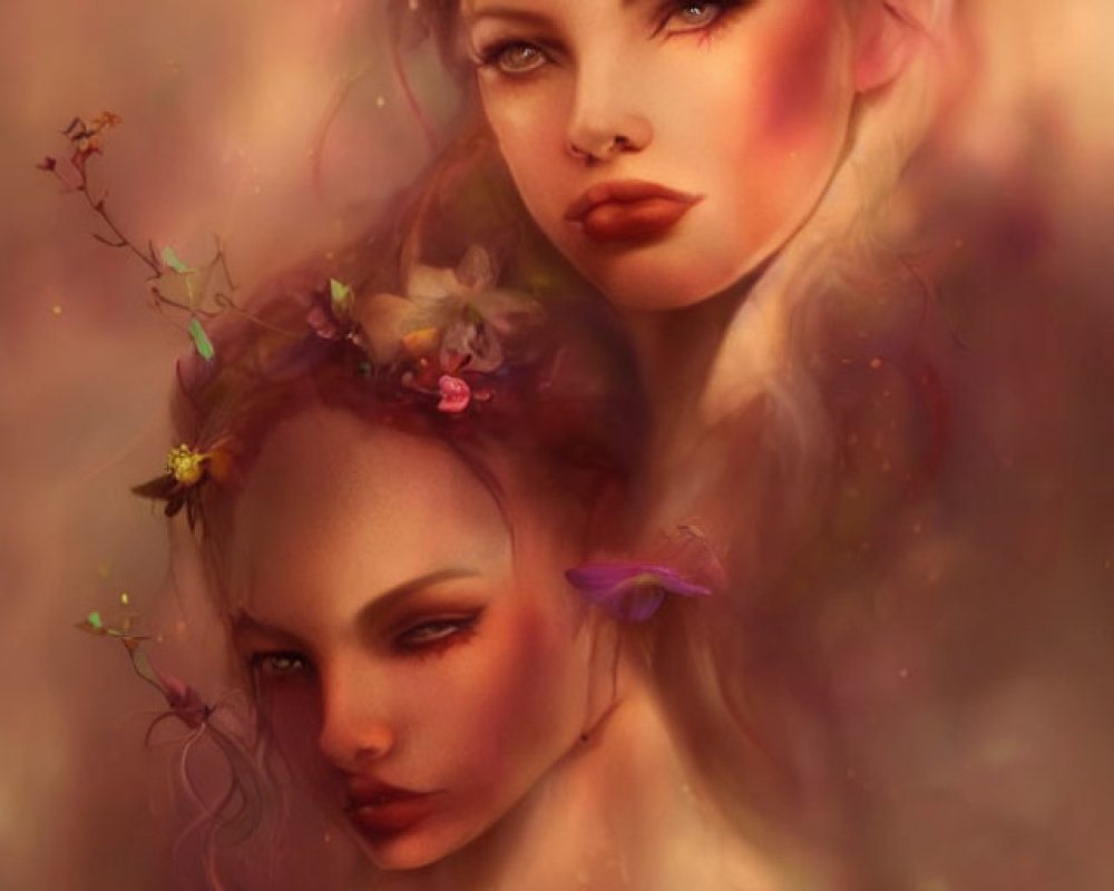 Ethereal figures with floral crowns in soft-focus and warm tones