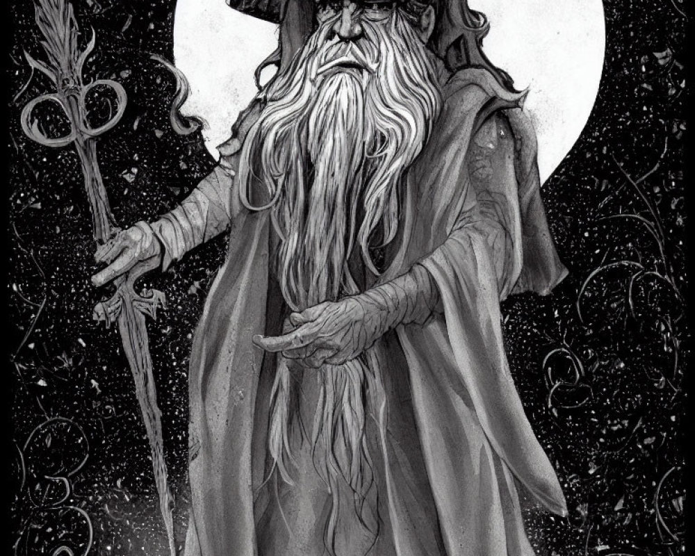 Monochrome illustration: Bearded wizard with staff under full moon